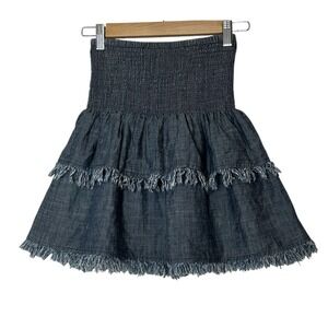TRINA TURK Mini Skirt Womens Medium denim chambray tiered elastic waist Linen Bl